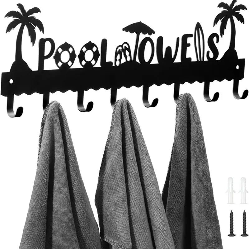 B23B Wall Mounted Metal Pool Towel Rack With 8 Hooks For Beach Summer