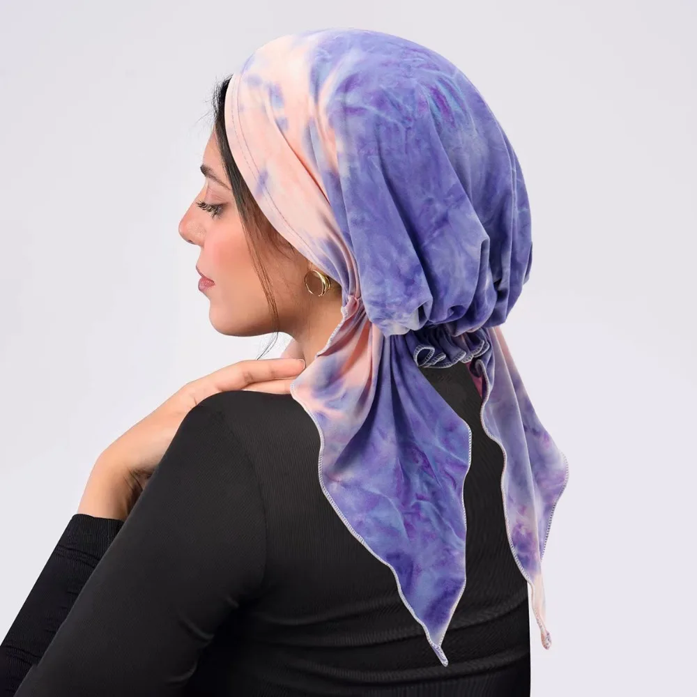 

Curved Floral Women Hair Cover Hat Two Tail Tie Dye Simple Design Wrap Chemo Cap Breathable Lightweight Spandex Bandana Muslims