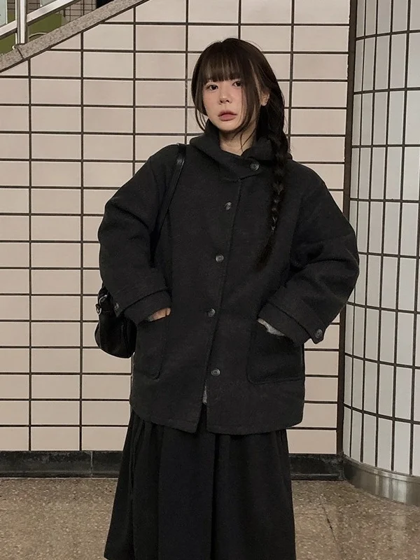 Abrigo de Lana Retro Chic para Otoño e Invierno con Gorro, Chaqueta de Talla Pequeña para Mujer con Botón Único, Forro de Alg...