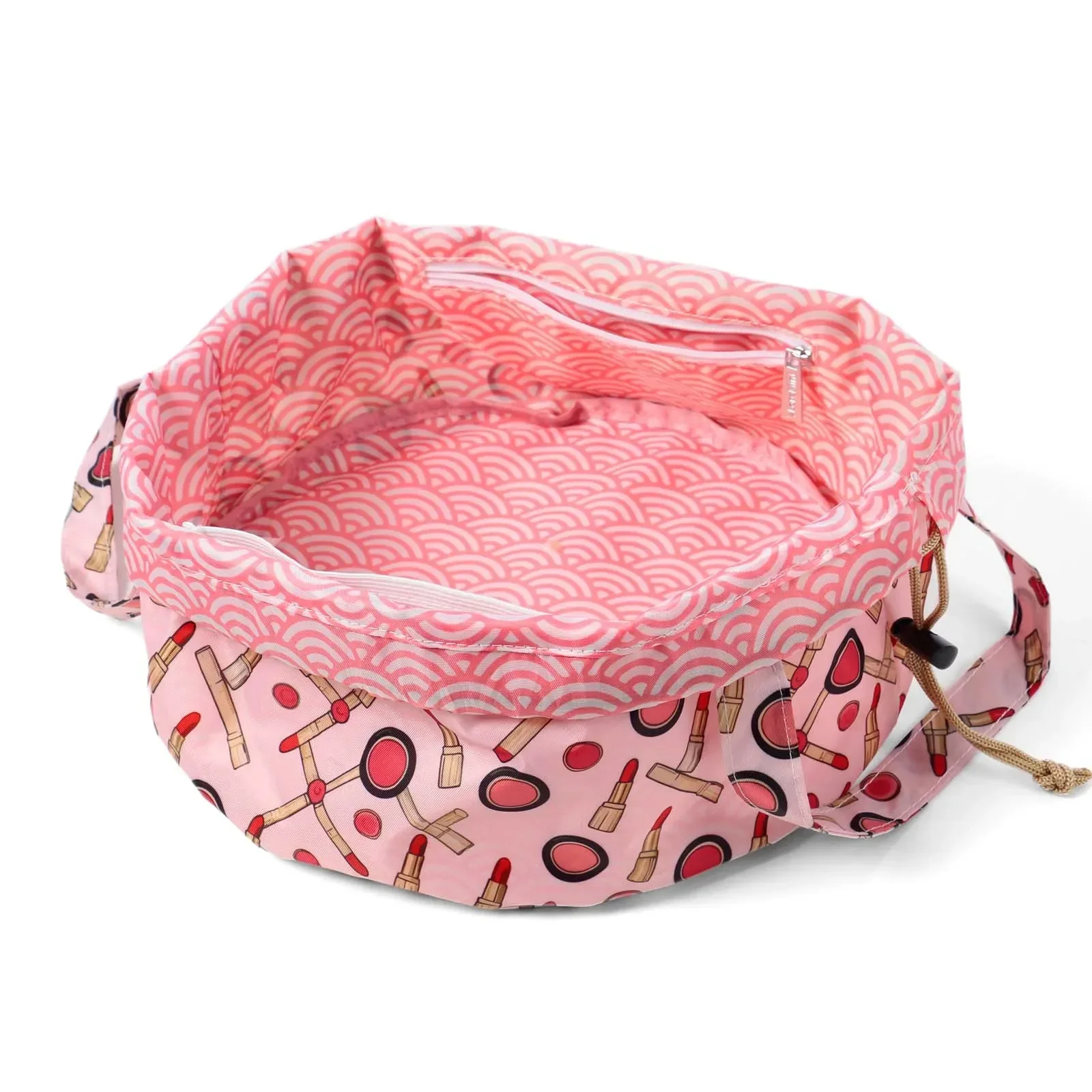 Pink Brushes Print Bucket Drawstring Cosmetic Bag, Lightweight Water Resistant Travel Makeup Storage Organizer, Comes with Flap Cover & Dual Wrist Straps, Portable Toiletry Pouch for Vacation & Daily Beauty Supplies