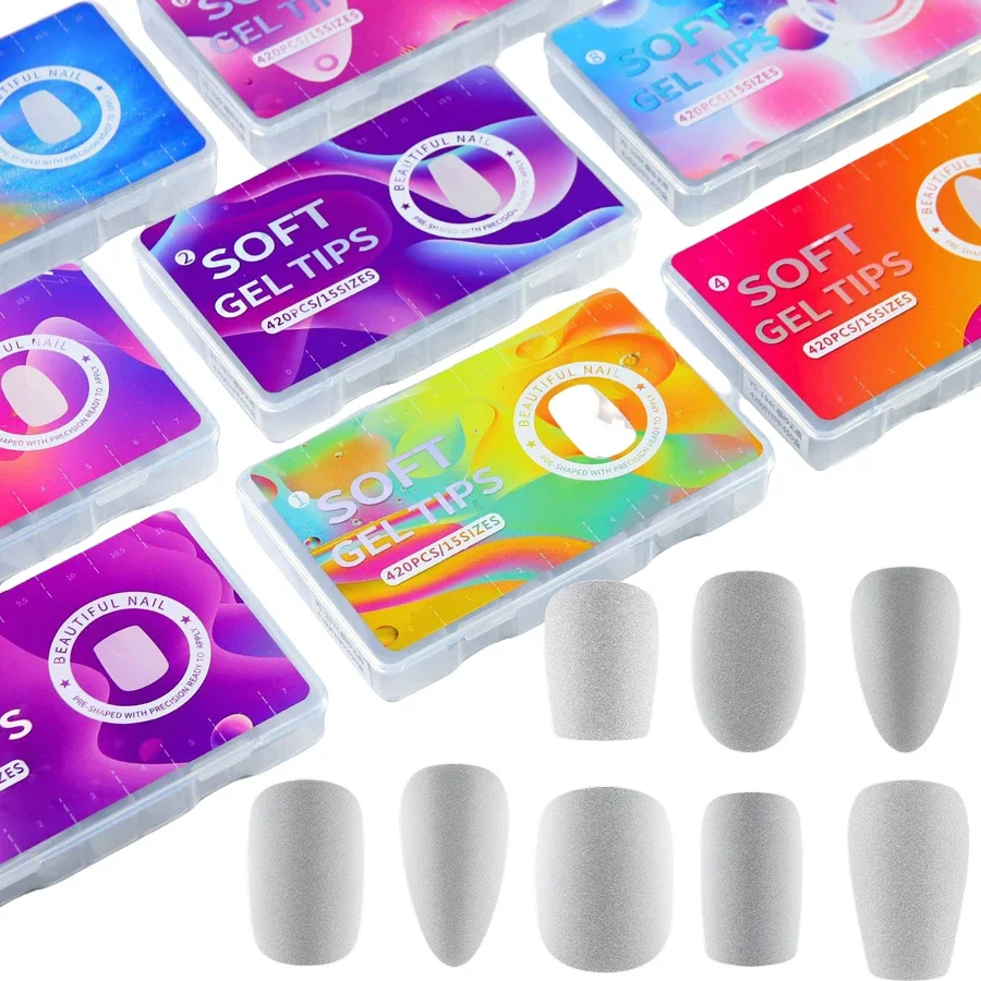 420Pcs Soft Matte Almond Nail Tips Full Transparent Short T-Shape round Oval Capsule Tips for Nail Art Decoration Soak off Gel