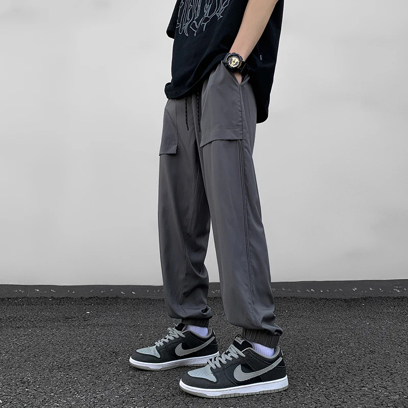 Spring Autumn Sweatpants Solid Color Men's Clothing Pockets High Waisted Elastic Casual Bloomers Trousers Drawstring Pants