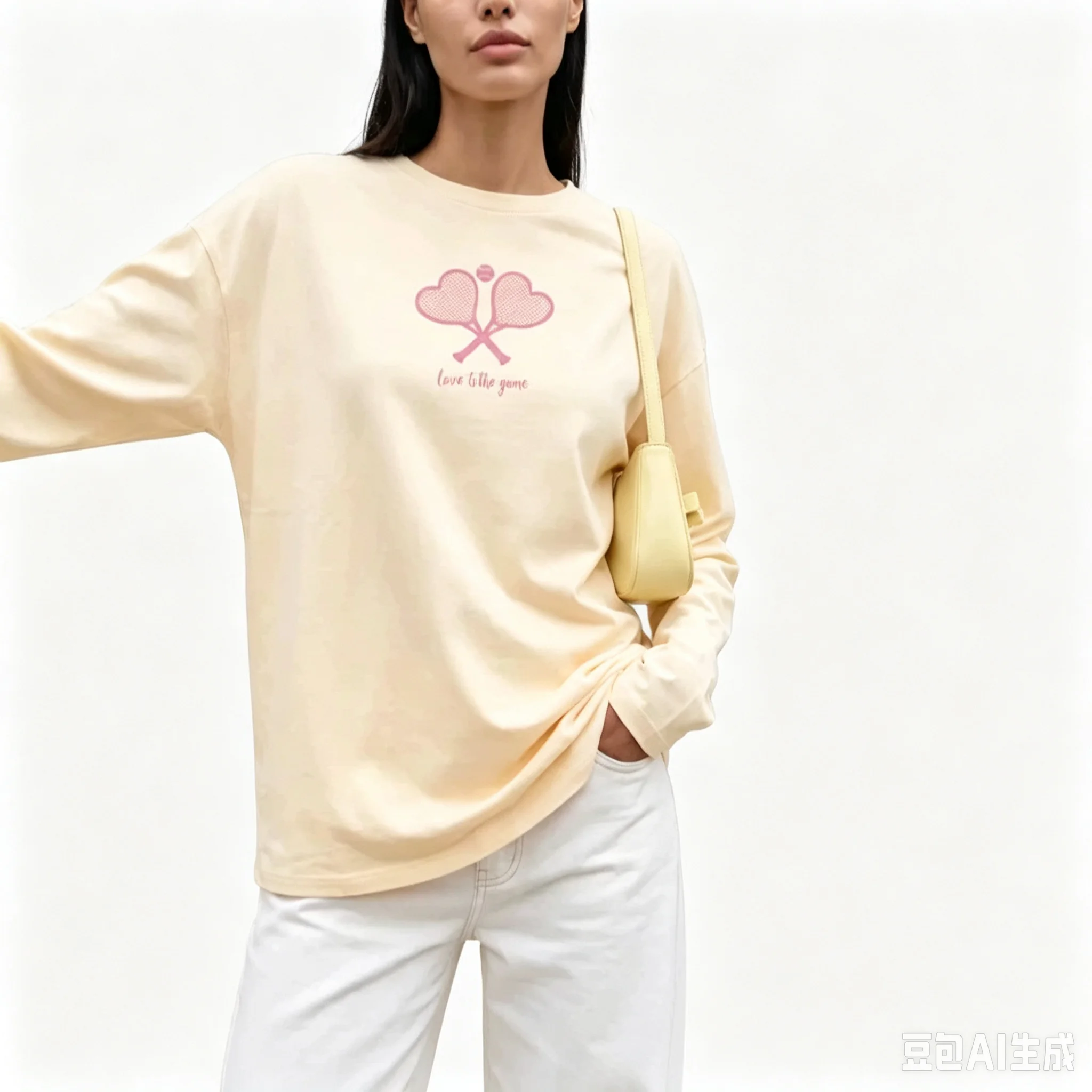 Chic Sweet Women 100%Cotton Long Sleeve Tee Loose Preppy Heart‑Shape Tennis Racket Chest Graphic Print Casual Cute Aesthetic Top