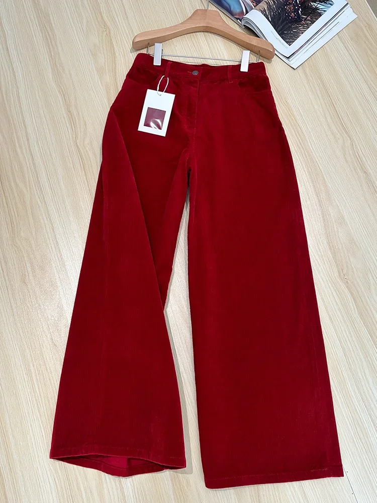 Retro Red Corduroy Wide Leg Long Pants for Women Mid Waist Straight Leg Autumn Winter Trousers