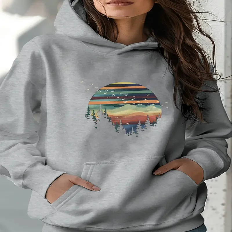 

Повседневная одежда Повседневная толстовка в уличном стиле с тропическим принтом и длинным рукавом с карманом-кенгуру и капюшоном на шнурке Мягкая машинная стирка