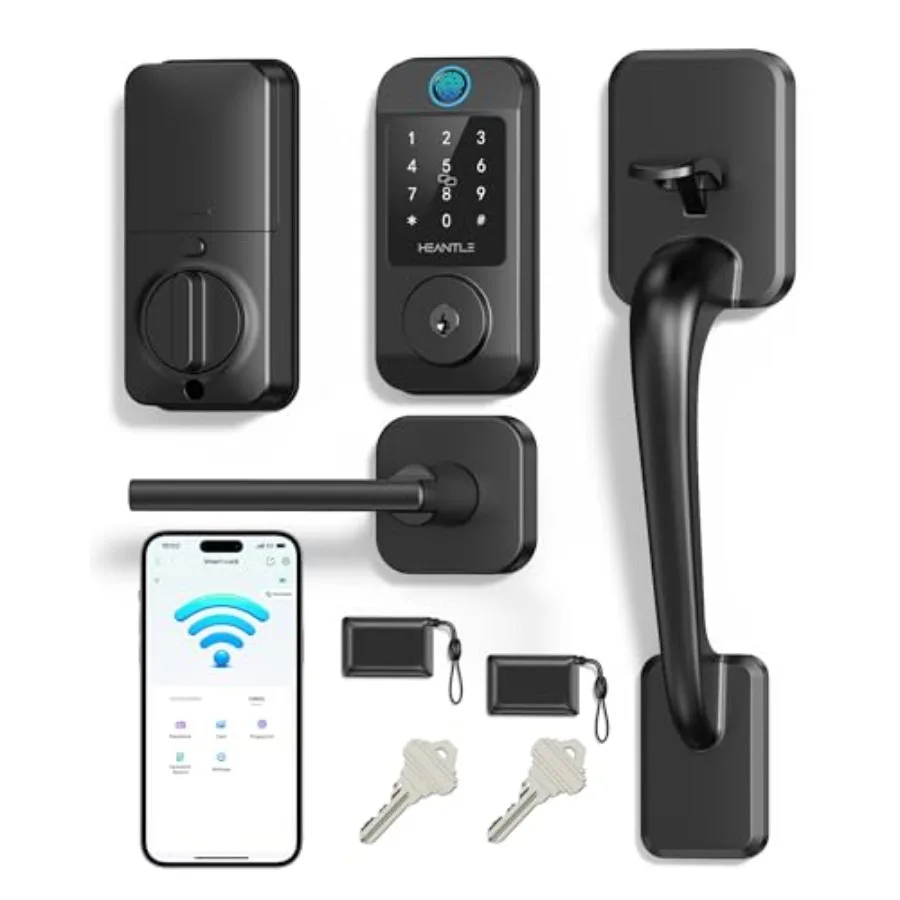 

Комплект умных замков для входной двери с Wi-Fi - Смарт-замки для входной двери со встроенным Wi-Fi, бесключевым доступом, дверным засовом и ручкой, считывателем отпечатков пальцев, Smart E