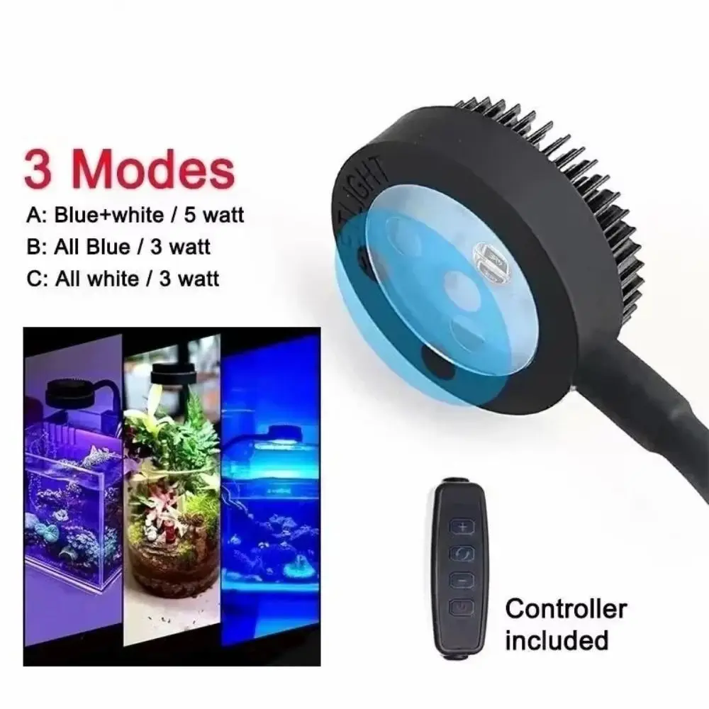 Adjustable Zoom Mini Clip-on Aquarium Lamp 3 Color Modes 360 Degree Rotation Fish Tank Clip Lamp Energy Saving Timing Dimming