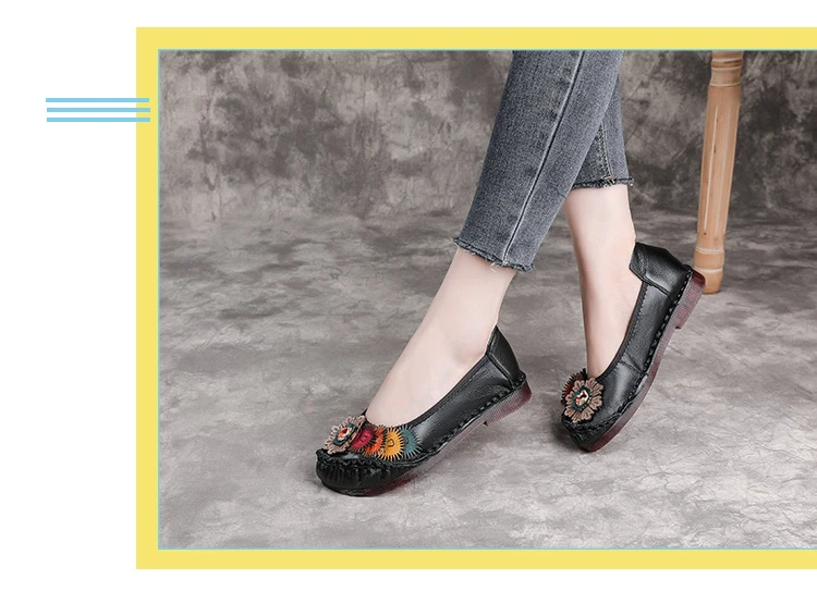 Neue handgefertigte Ballerinas aus echtem Leder für Damen mit Blumenapplikation, ethnische flache Schuhe für Damen, Vintage-Slip-On-Flats, Damen-Mokassins – Detail 9