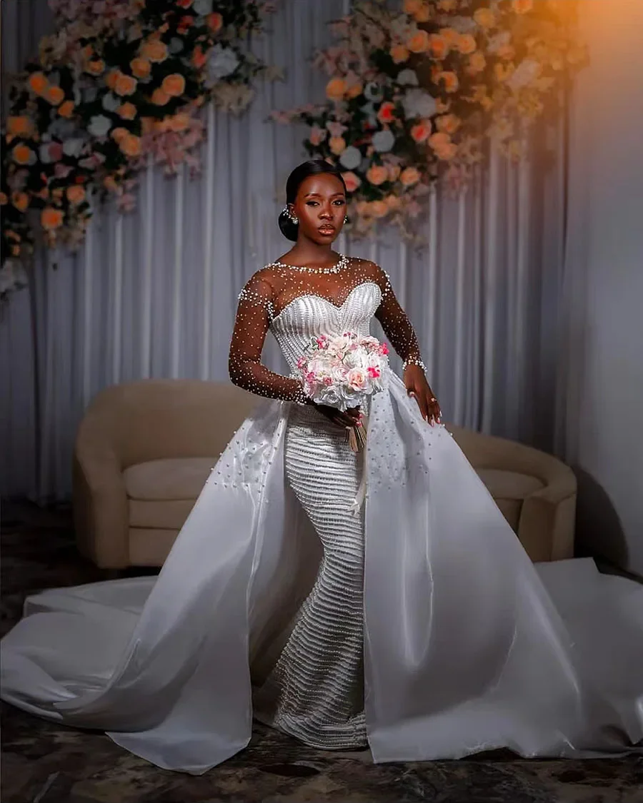 Customized Luxury  Pearls Wedding Dress For Bride Long Sleeve Elegant Arabic Aso Ebi Trumpet Bridal Gown with Detachable Train