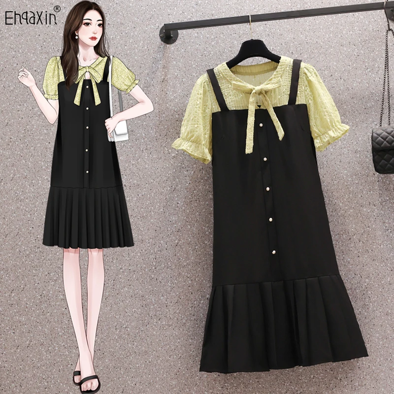 

EHQAXIN Summer New Women's Dress 2023 Korean Edition Simple Spliced Contrast Short Sleeve A-Line Loose Ruffle Dresses M-4XL