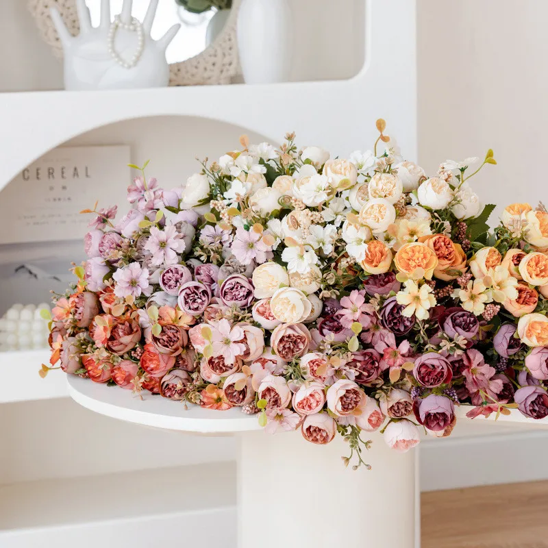 Seiden-Kunstblumen, Teeblüten-Rosen-Pfingstrosen-Kranz, für Festivals, Hochzeiten, Brautsträuße, Heim, Zimmer, Garten, DIY-Geschenk, Bogen-Dekoration – Detail 2