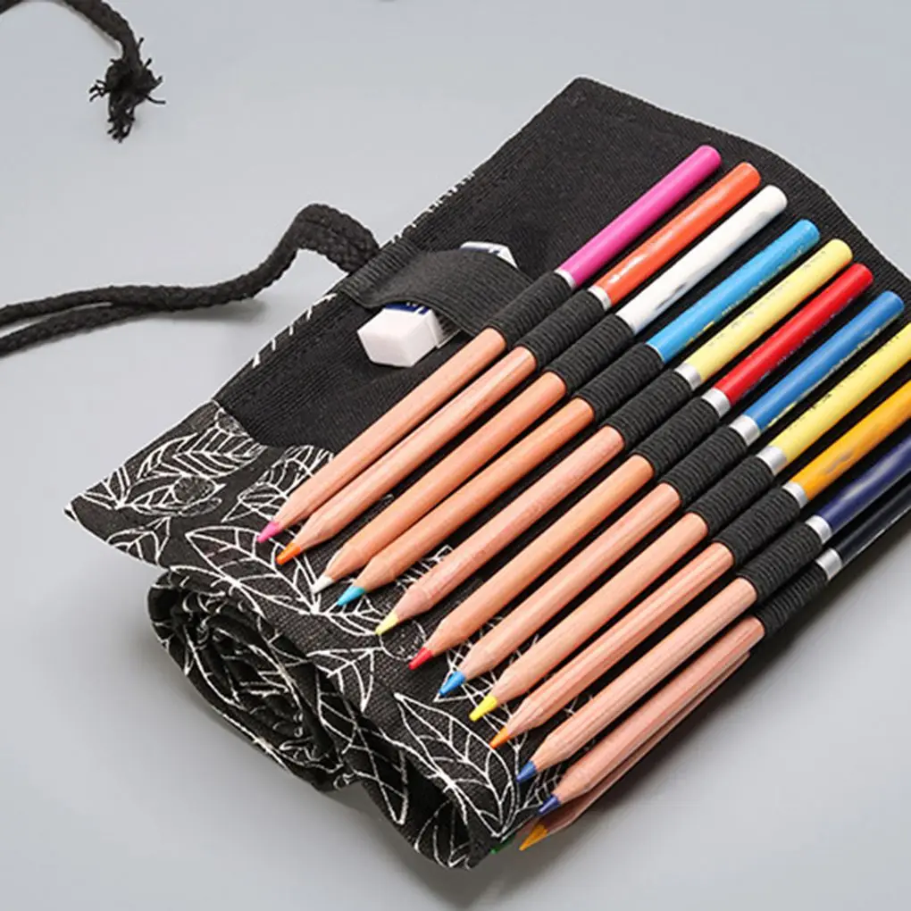 Black White Leaves Printed Pattern Roll Up Paint Brush Canvas Case Wrap Sketching Drawing Pen Bag Pouch 12-24 Holes