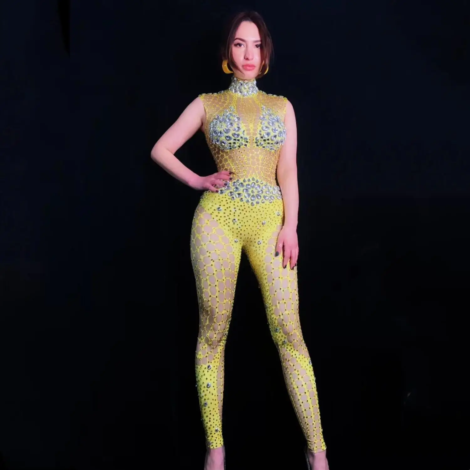 Sparkly Yellow Jumpsuit Sexy Festivals Outfit Woman Dance Costume Performance Party Celebrate Stage Show Wear W2301023