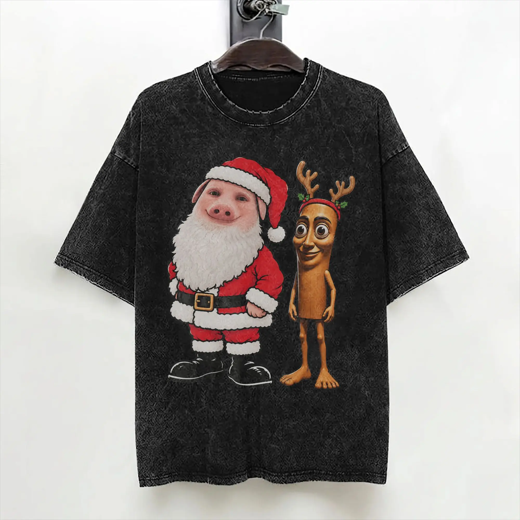 Tung Tung Tung Sahur and John Pork Funny Santa Christmas T Shirts Washed Short Sleeve T-Shirts Men Women Streetwear Tee Shirt