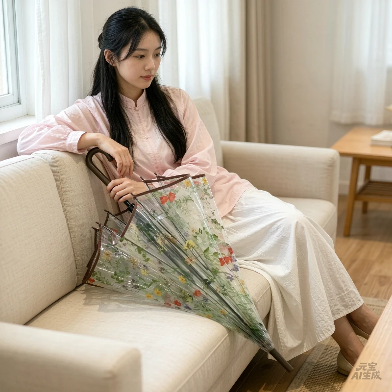 Romantic Floral Transparent Umbrella Long Handle Korean Style Fashion Rain Parasol for Women Photography Travel Daily Use 투명 장우산