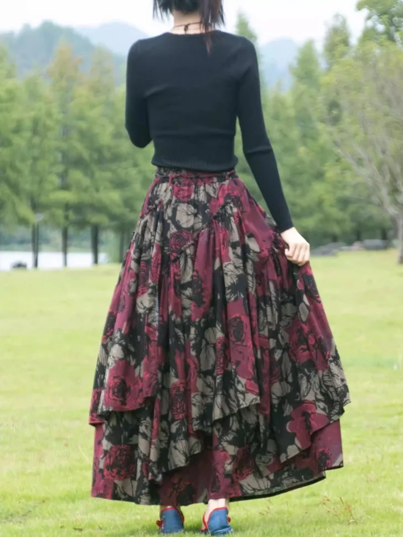 Retro Long Skirt Autumn And Winter Ethnic Style Printed Cotton And Linen Skirt Large Swing Irregular Hem Dance Skirt j131