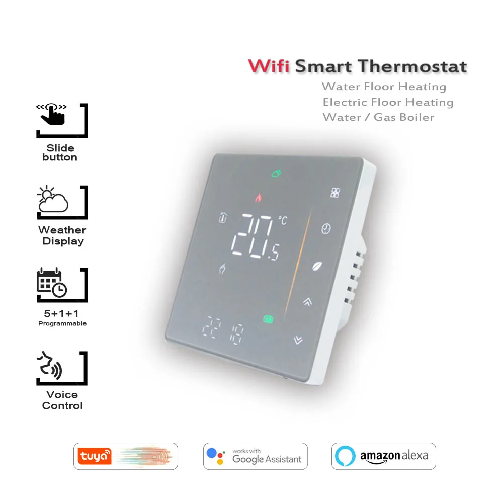 Wi-Fiサーモスタット温度コントローラー,24vac 95-240ac,alexaと連携するタッチスクリーン付き,Google Home