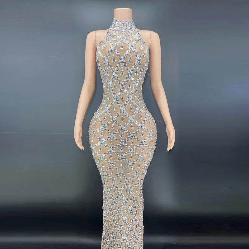 Sparkly Silver Big Rhinestone Transparent Long Dress Evening Birthday Celebrate Luxurious Costume Dancer Flashing Dress