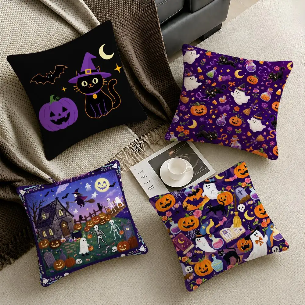 Cute Halloween Ghost Pumpkin Colorful Aesthetic Cushion Cover Throw Pillow Soft ShortPlush Cozy Durable Colorfast HomeDecor Gift