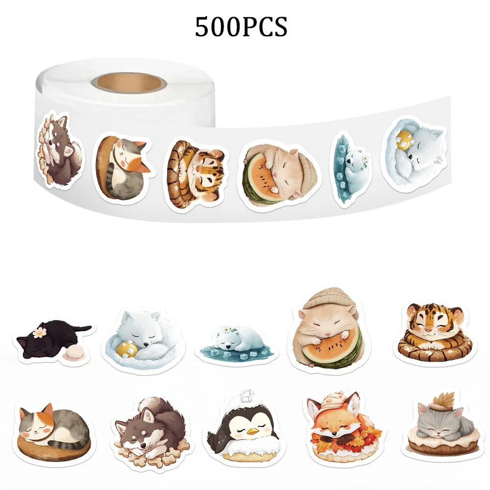 500 قطعة/لفة لطيف الكرتون الدافئة النوم الحيوان لفة ملصقات متعة الثعلب البطريق النمر القط الأسود DIY بها بنفسك المغلف دعوة جلد البقر #4