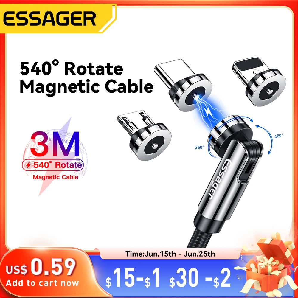 Магнитный кабель Essager 540, вращающийся, магнитное зарядное устройство для быстрой зарядки, кабель Micro USB типа C, провод для мобильного телефона, шнур для iPhone Xiaomi