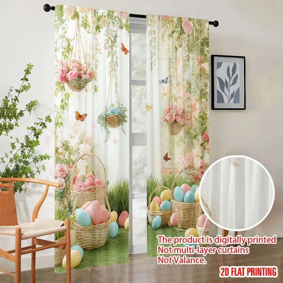 2PCS Digital Print  Curtain, Flower Basket Easter Eggs, Cute Cartoon Pattern  Curtain for Kids Room Bedroom Decor