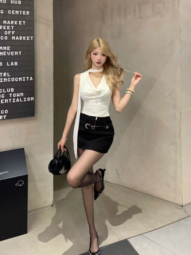 Feminino sexy sem mangas com decote em v sólido regata moda bandagem streetwear casual fino ajuste elegante malha verão ladtted roupas