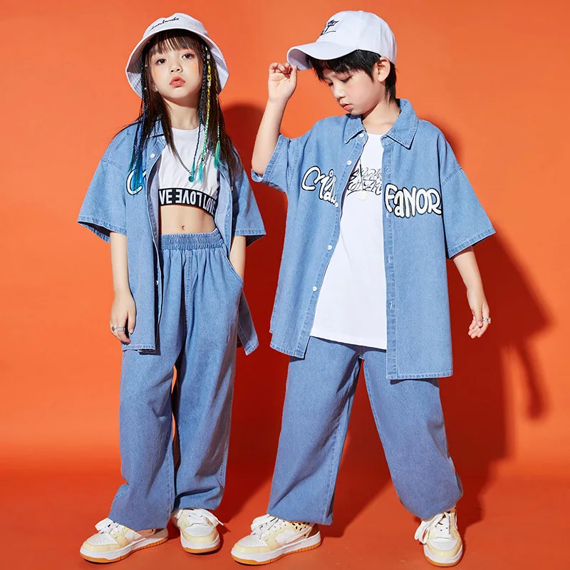 Hip hop children's fashion clothing summer loose jeans boys and girls runway show children's dance costumes