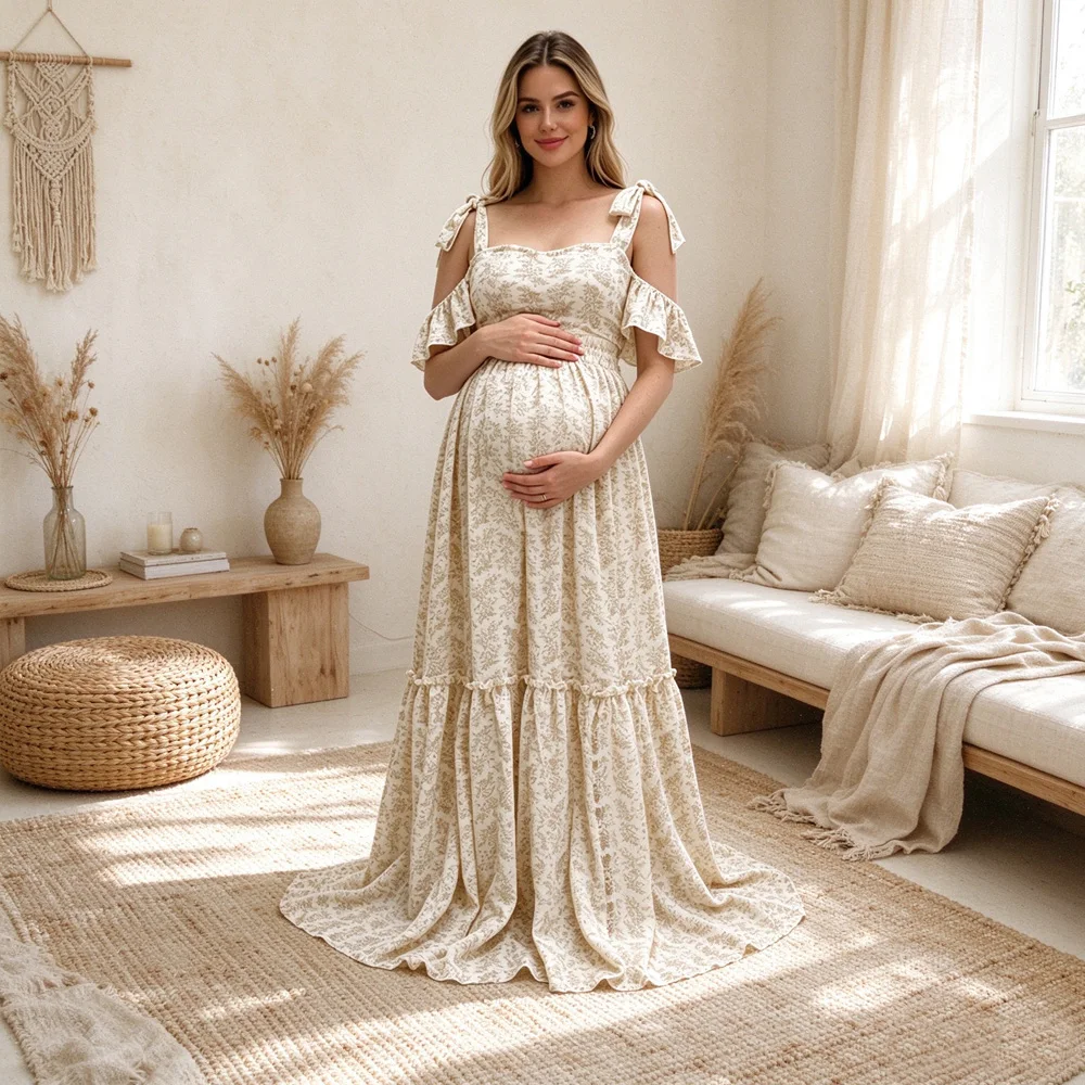 Maternity Dresses for Baby Showers Soft Skin Friendly Double-Layer Cotton Suspender Two Piece Dress Photo Shoot Dress for Women