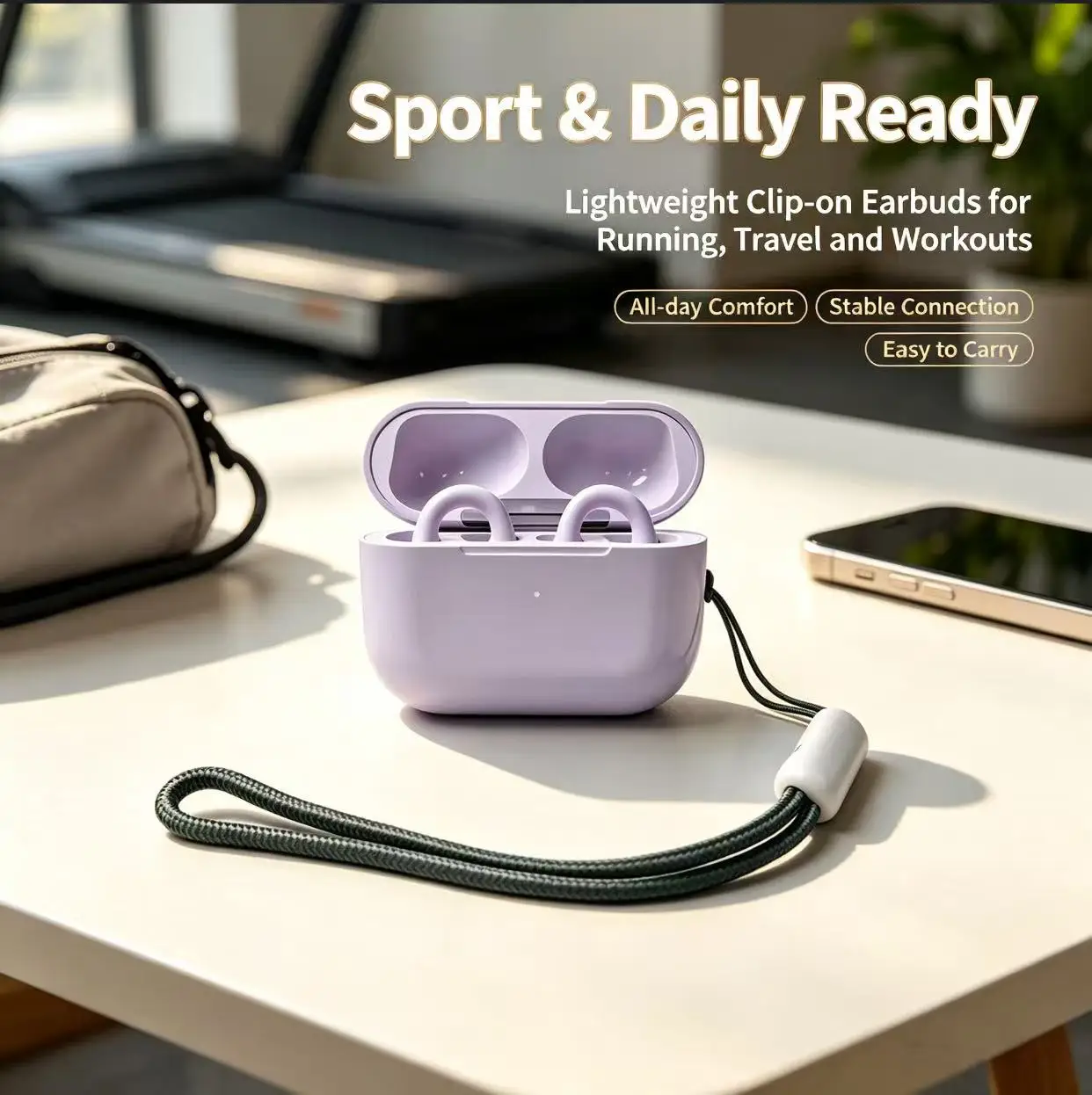 Light Purple Open Ear Wireless Bluetooth Headset Comfort Clip-on Earphones, Waterproof Sports Earbuds with Detachable Lanyard fo