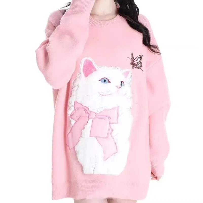 

New Fat Mm Lazy Wind Sweater Autumn and Winter Wear Salt Cute Flocked Cat Knitted Sweater Sweet Girl Style Top Pretty Pullovers