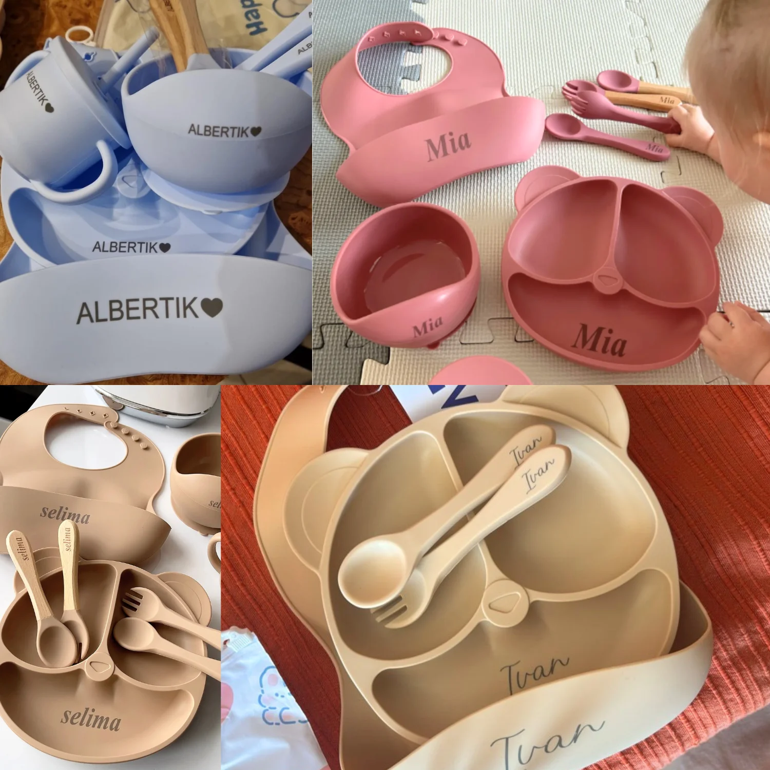 Customized Logo Name Baby Silicone Dish Feeding Set Suction Cup Engrave Personalize Bowl Divided Plate Kid Cute Eating Tableware