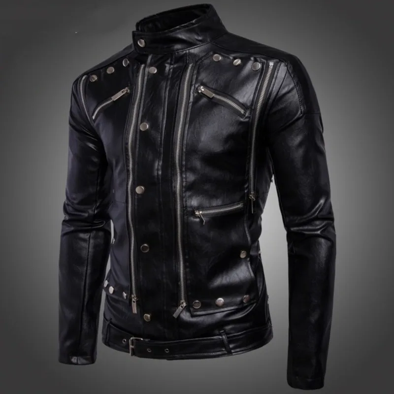 MaiDangDi European and American Fashion Trend Solid Color Standing Collar Men Motorcycle Multi Zipper Men's Leather Jacket