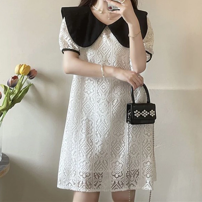 

2024 Doll collar lace hollow short sleeved slimming women's fashionable straight leg summer dress sexy dress