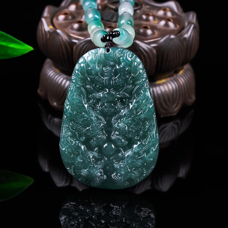 Genuine Grade A Jadeite Ice Jade Full-Color Blue Large Water Dragon Brand Pendant, Thick Double-Sided Exquisitely Crafted Jadeit