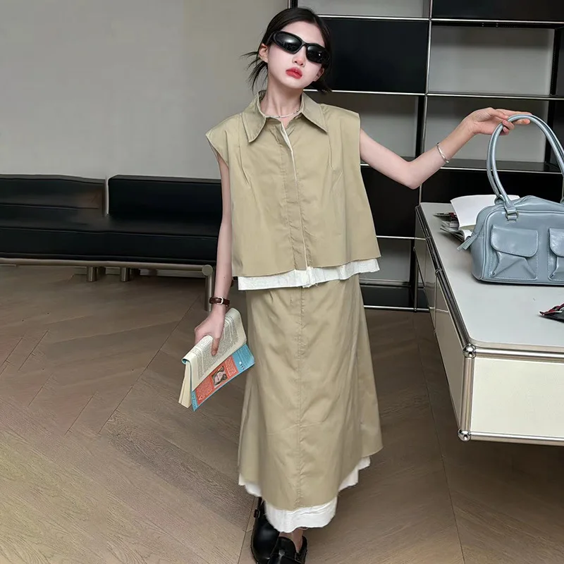 

two piece set girls outfits Korean style summer khaki shirt and long skirt sets teenage kids clothes children 6 to 16 years