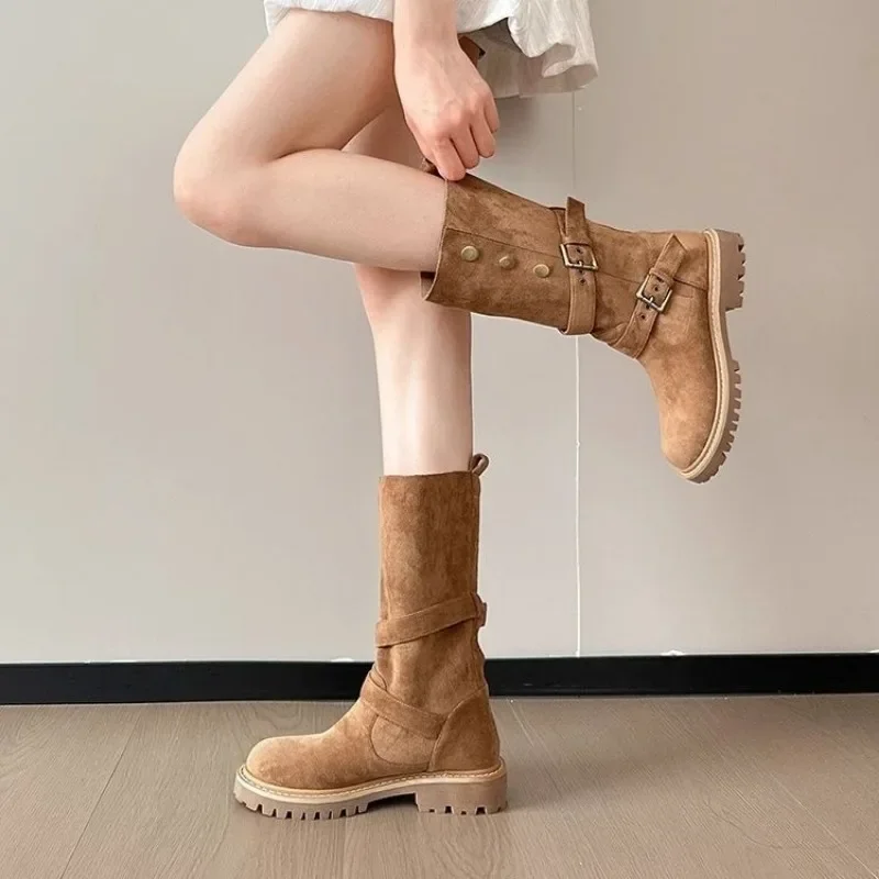 Retro Half High Boots for Women Trend 2024 Round Toe New In Mid Calf Shoes Woman Hot Gothic Sale on Promotion Chic and Elegant