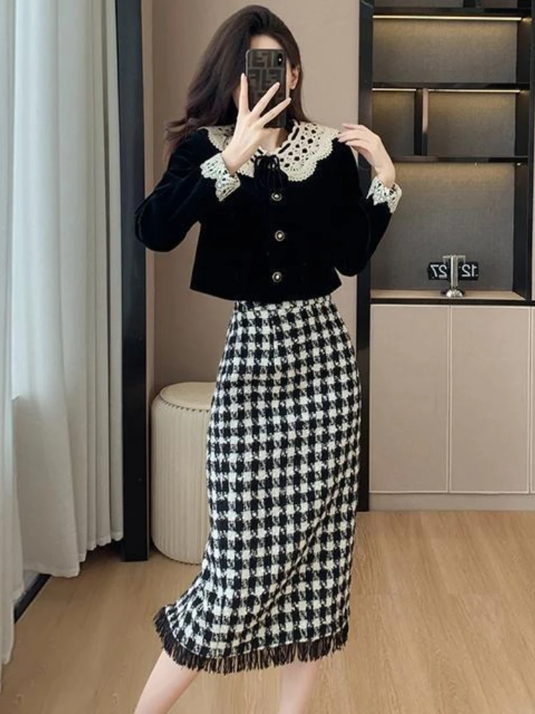 

Small fragrance style fashion two-piece set women thick elegant short coat+high waist slimming long half skirt velvet set