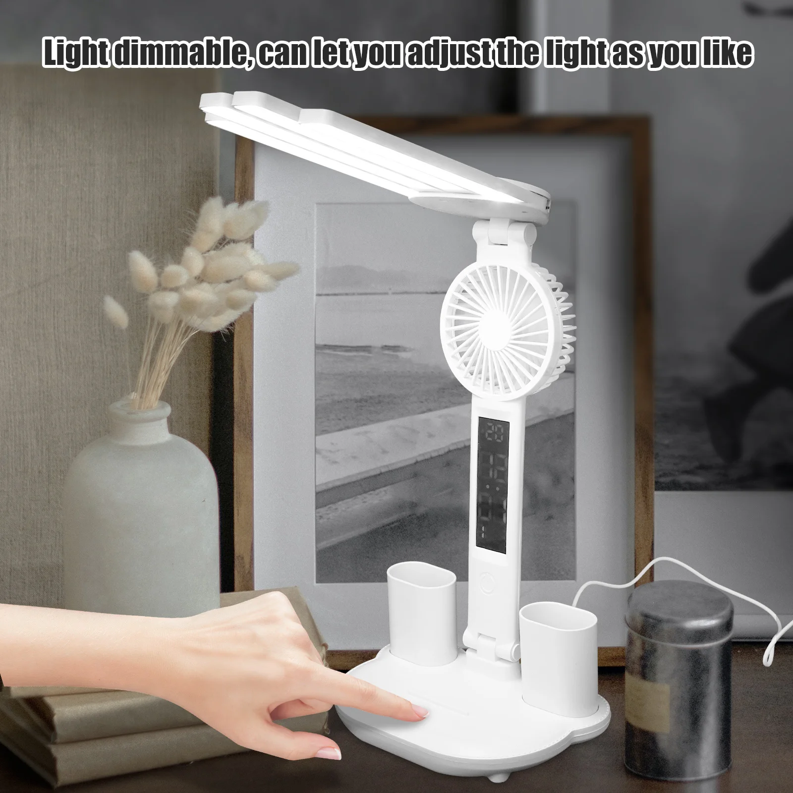 

Bright LED Eye-Protecting Desk Lamp Control Desktop Light for Study Office Reading with Pen Holder Fan Temperature