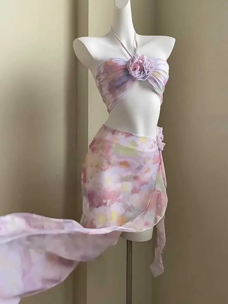 

Pink Bikini Tee-Piece Set Beach Vaion Swimwear Skirt Sle Swimming Costume with Chest Pad No Steel Support Garden Secret