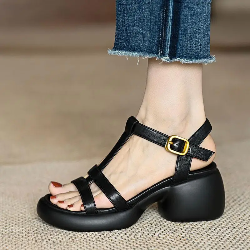 Sandalias French High Heel Sandal Women 2023 New PlatformThick Heel Sandals Soft Leather Sandal Retro Student Sandal Women Shoe