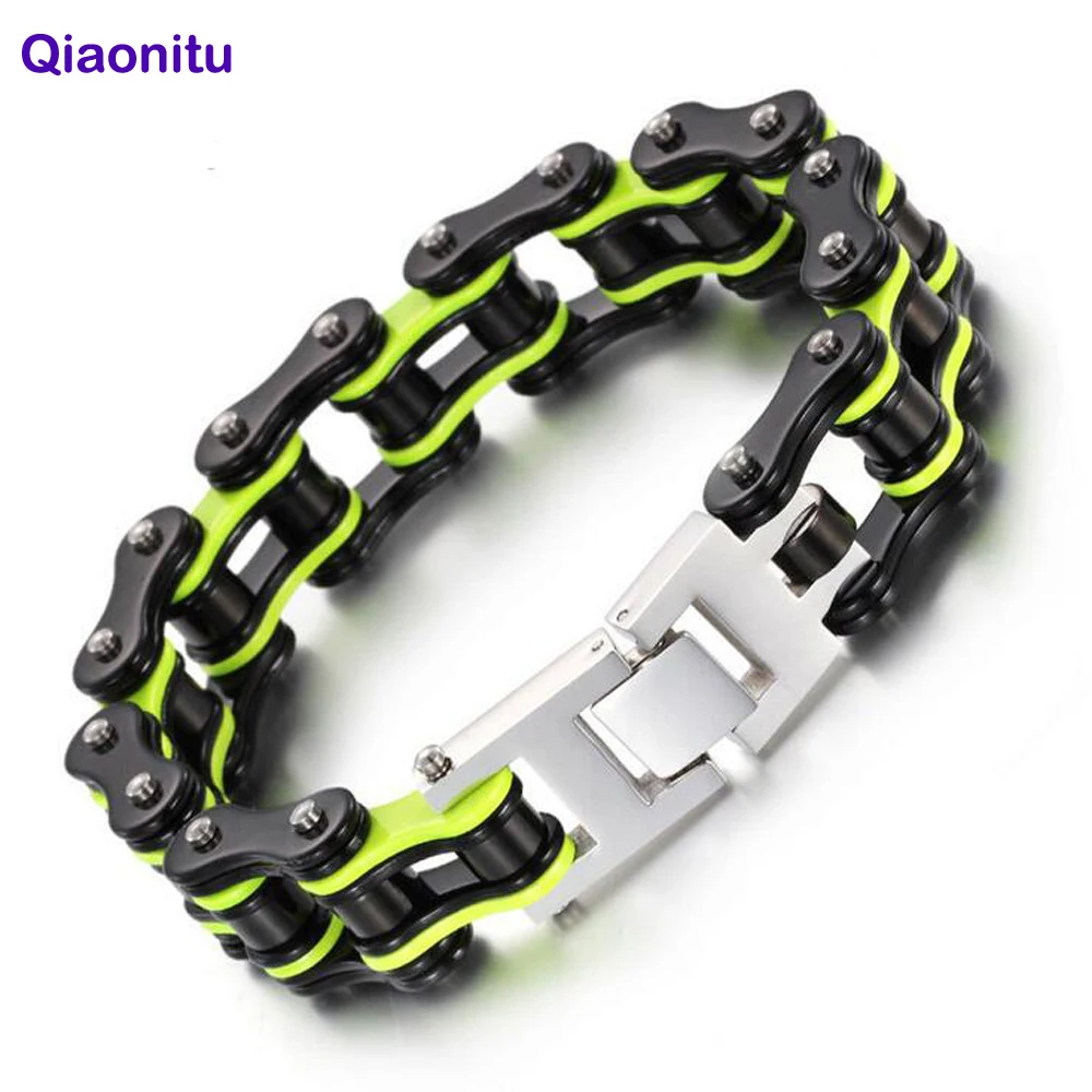 Pulsera de Cadena de Bicicleta de Acero Inoxidable de 16mm, Estilo Punk, Negra y Verde, para Hombre y Mujer, Hiphop, Roja y Naranja, Joyería