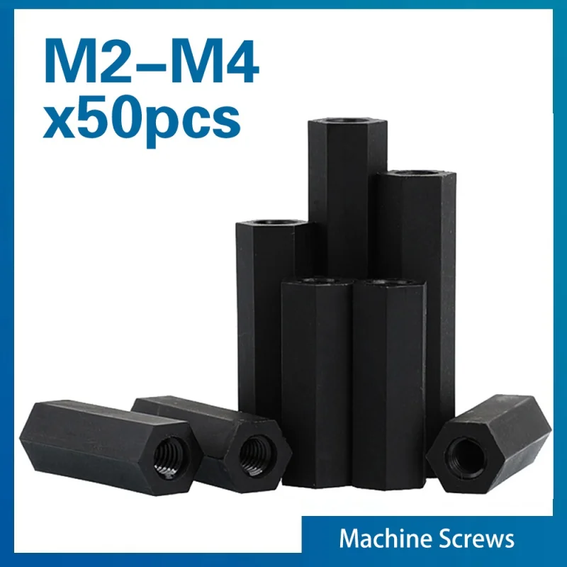50pcs/lot M2 M2.5 M3 M4*L Black Nylon Hex Standoff Spacer Female to Female Length 5~50mm