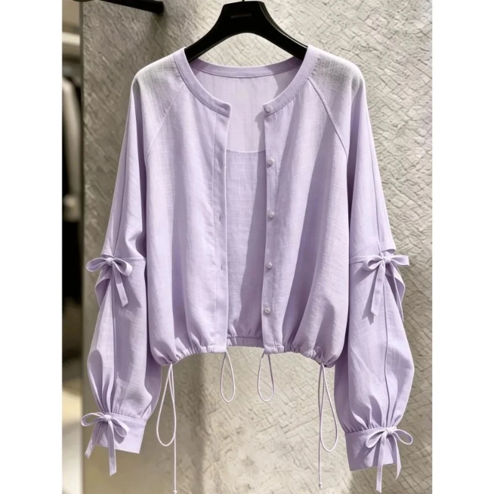 Purple Long Sleeve Blouse Women O Neck Button Up Top Bow Tied Lantern Sleeves Drawstring Hem Loose Fit Spring Autumn Shirt