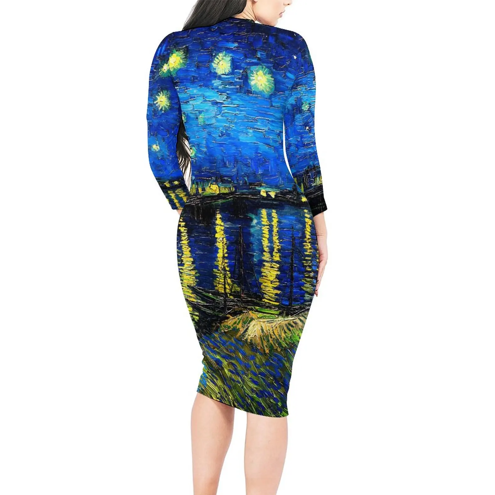 Vincent Van Gogh Dress Ladies Starry Night Street Style Bodycon Dress Spring Long Sleeve Club Dresses Pattern Oversized Vestidos