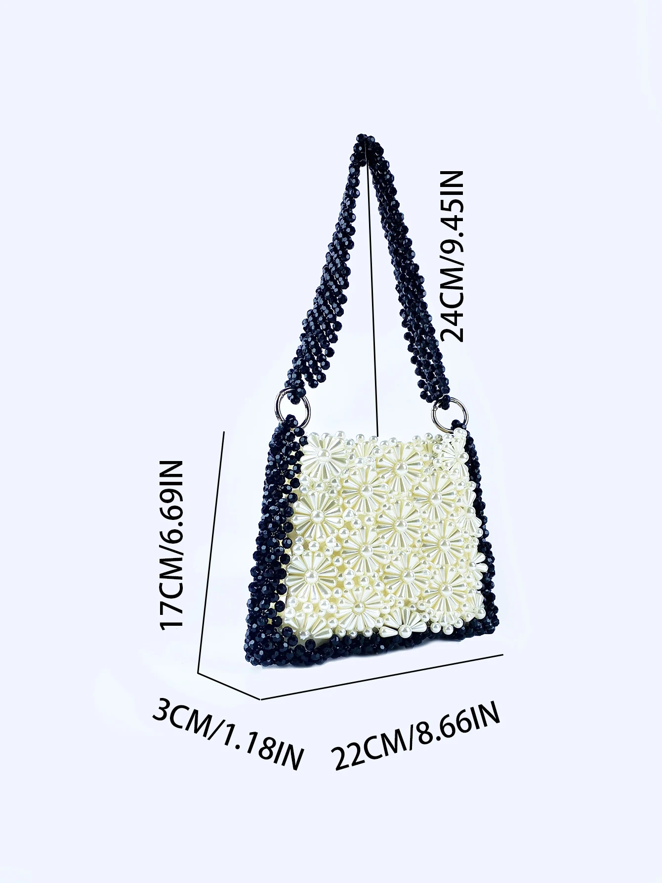 European and American fashion retro hollowed out pearl beaded woven floral black and white contrasting versatile shoulder bag view 5