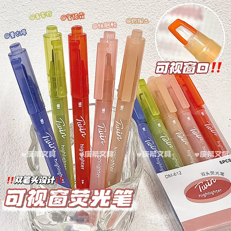 5 Colors-Vintage Double Head Clear View Highlighter Pens Soft Light Colors Visible Tip for Precise Marking Student School Office