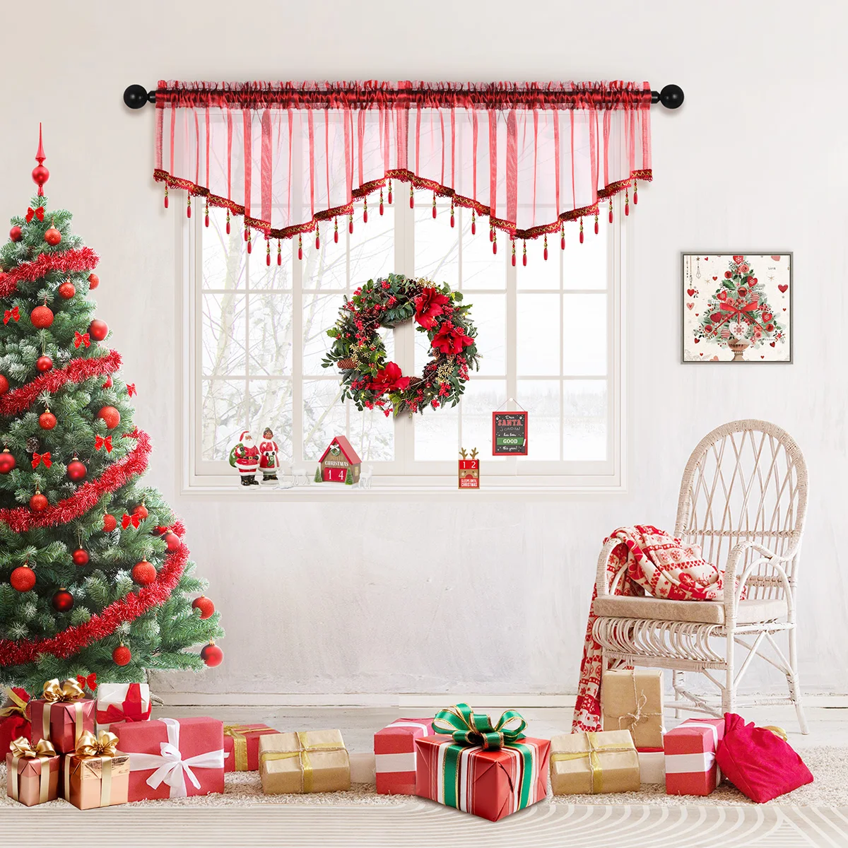 1pc Red Christmas Festival Decor Bead Valance ,Rod Pocket,Modern Curtain Valance for Living Room,Transparent Thin Sheer Valance