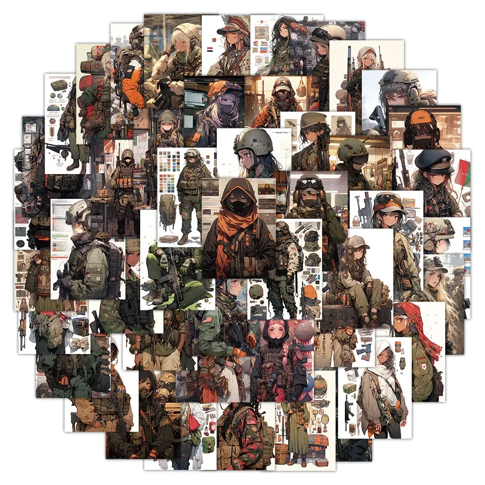 10/60pcs Anime Camouflage Military Uniform Girls Stickers Graffiti Decals Scrapbooking Motorcycle Bike Phone Car Sticker Toy