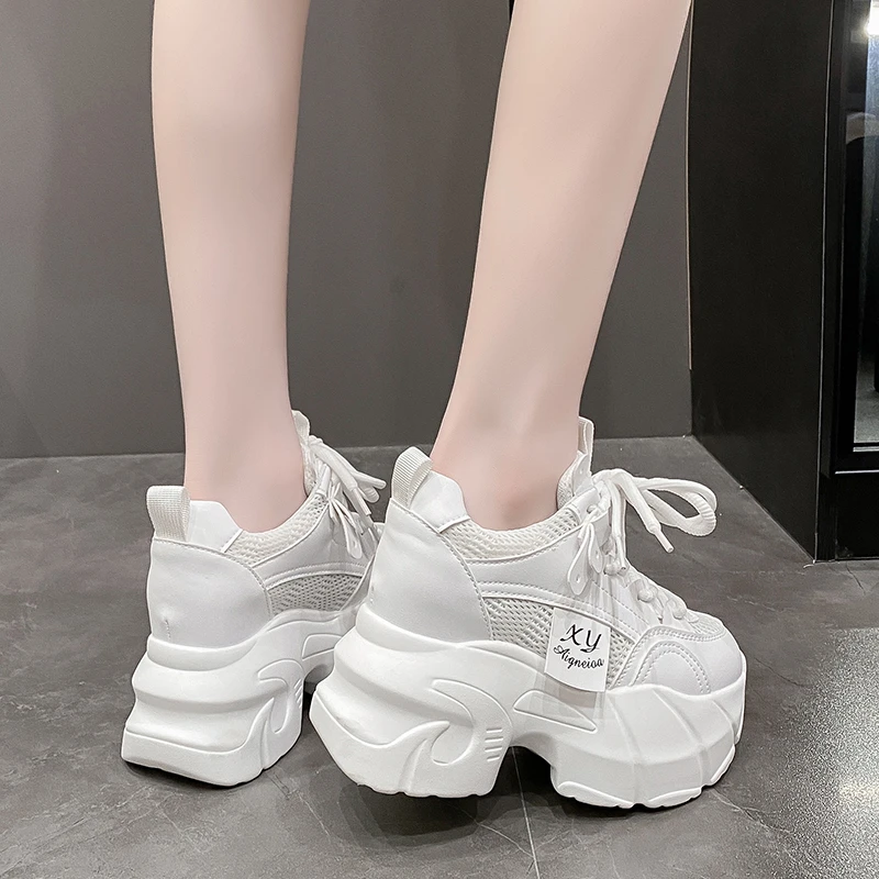 9.5CM New Platform Shoes for Women Mesh Breathable Chunky Sneakers High Platform White Tennis Shoes Increase Casual Sport Shoes